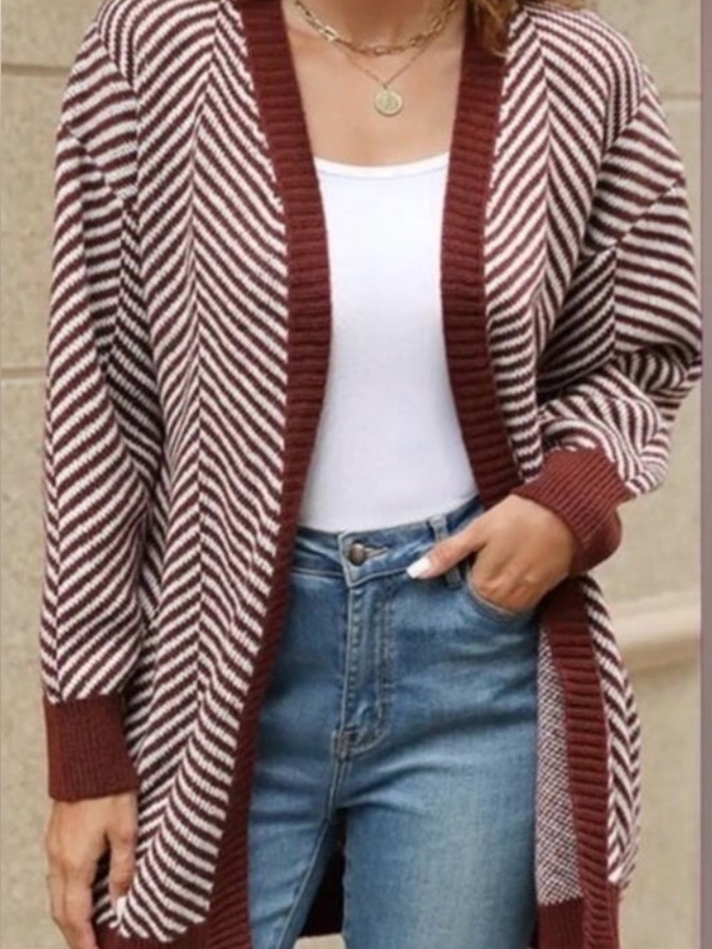 Fortune & Ivy Brown/White Herringbone Open Cardigan size XL